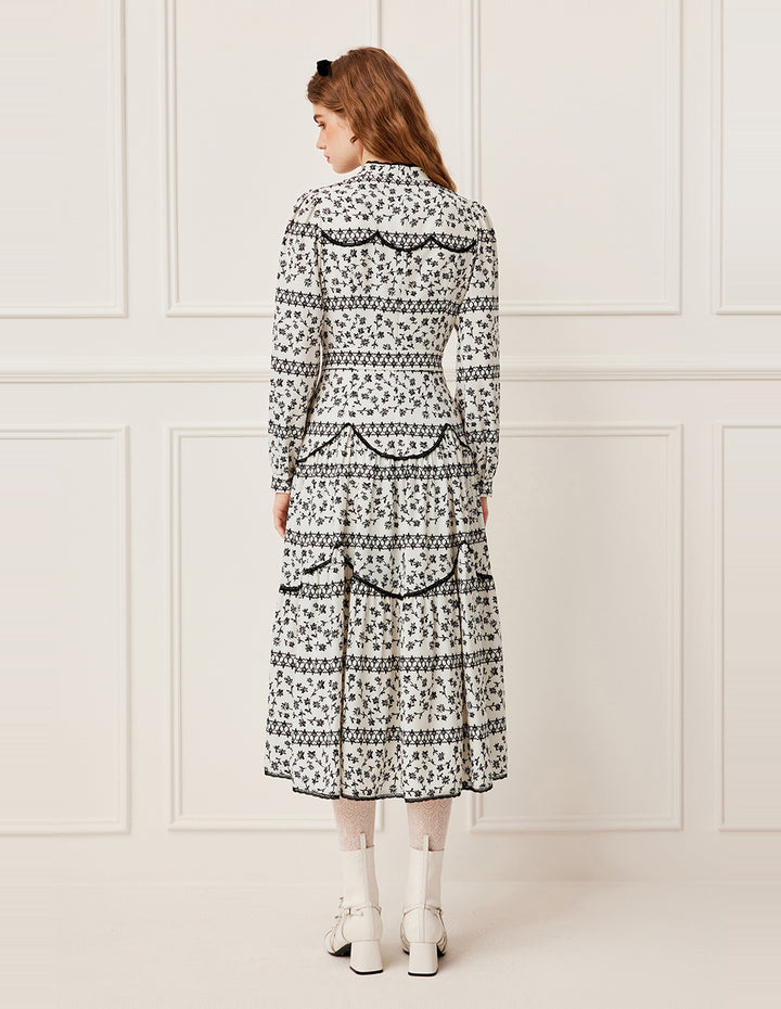 BORA AKSU Turtleneck Collar Lace-Ruffle-Trim Floral Pleated Midi Dress