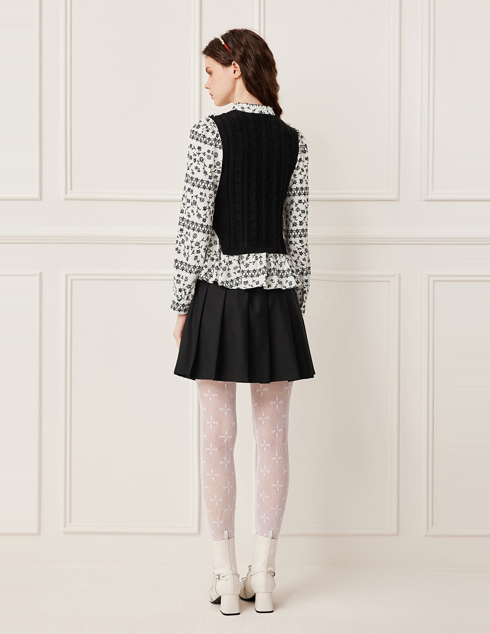 BORA AKSU Ruffled Turtleneck Long Sleeve Floral Patchwork Knit Top