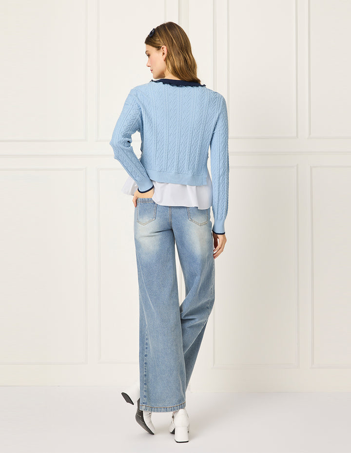 BORA AKSU Round-Neck Lace-Striped Patchwork Cropped Knit Cardigan