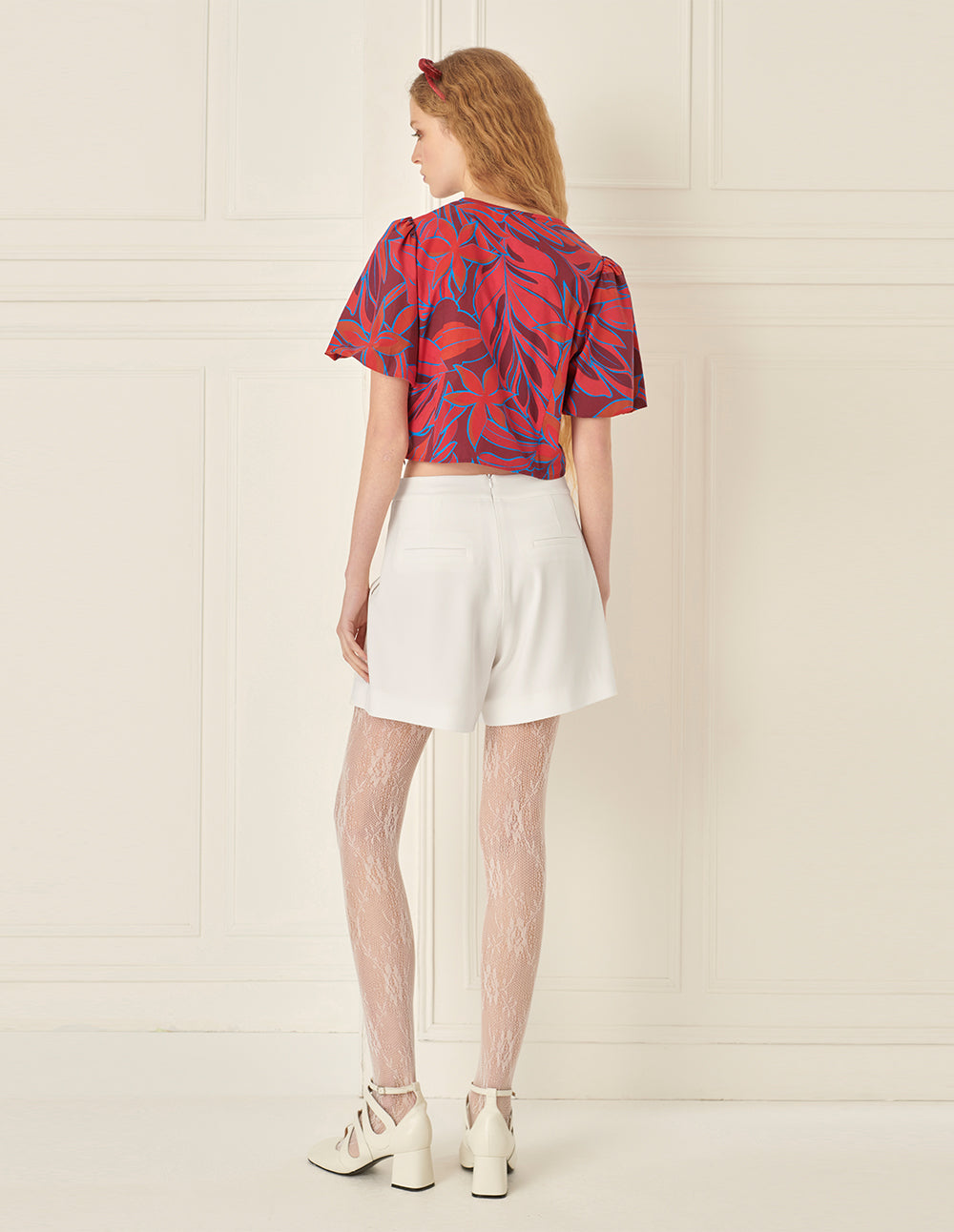 BORA AKSU Bow Tie Round Neck Lantern Sleeve Printed Top