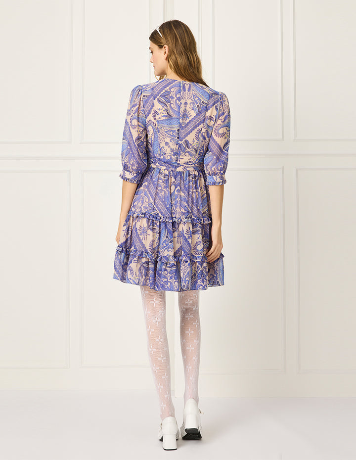 BORA AKSU V-Neck Puff-Sleeve Wrap Paisley Print Pleated Prairie Dress