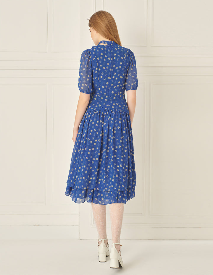 BORA AKSU French Puff Sleeve Collar Pleated Printed Dress