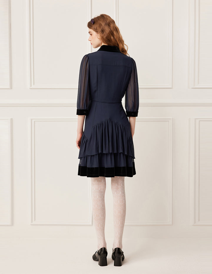 BORA AKSU Luxurious Velvet Collar Sheer Long Sleeve Multi-Layer Ruffle Midi Dress