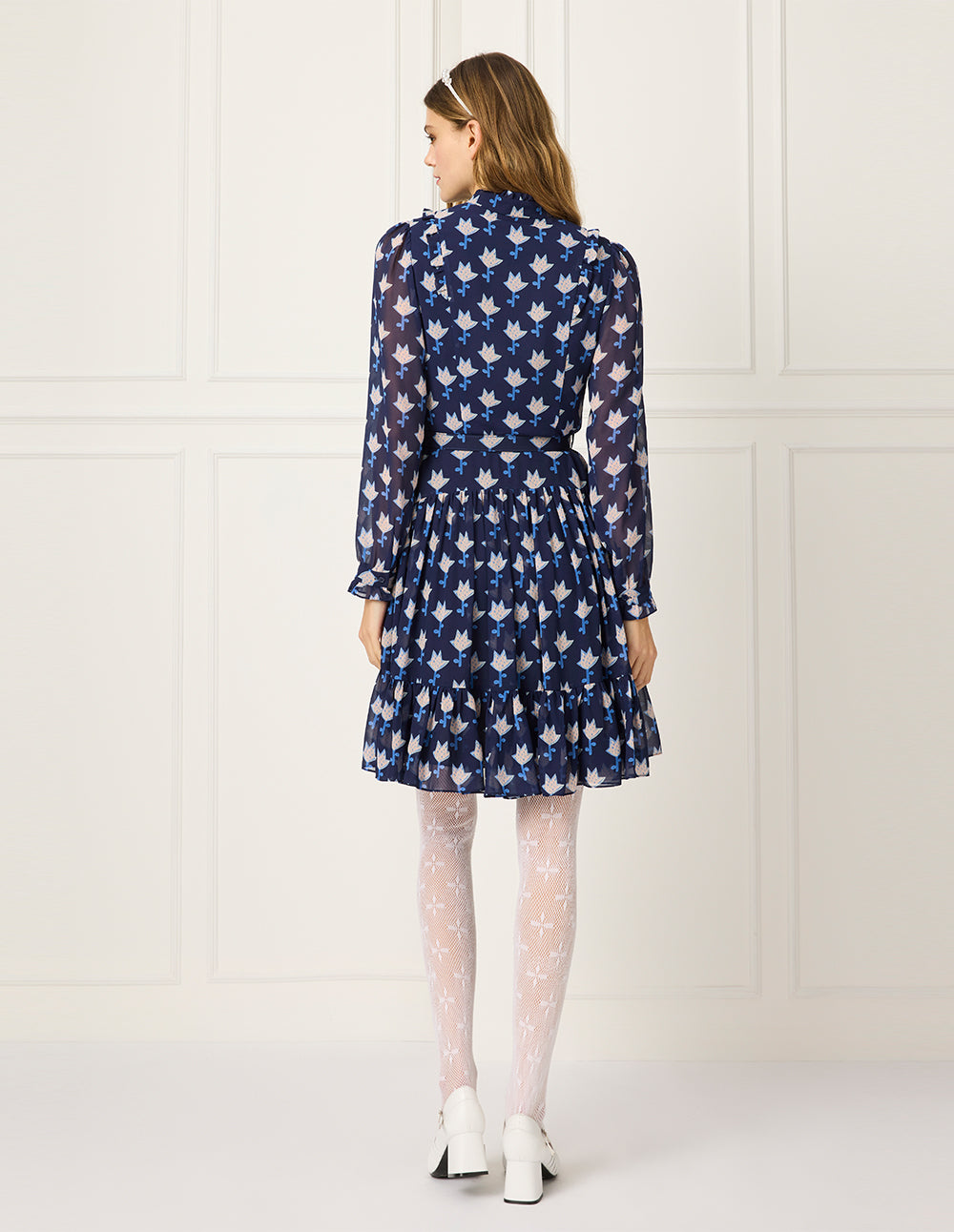 BORA AKSU Ruffle Collar Long Bubble Sleeve Floral Printed Trumpet Dress