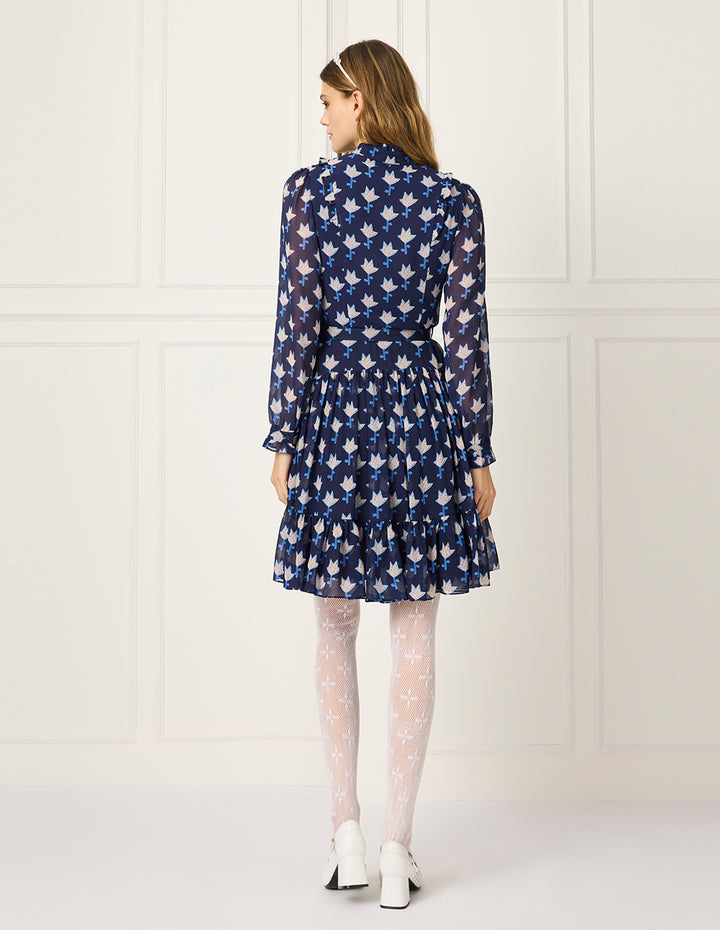 BORA AKSU Ruffle Collar Long Bubble Sleeve Floral Printed Trumpet Dress