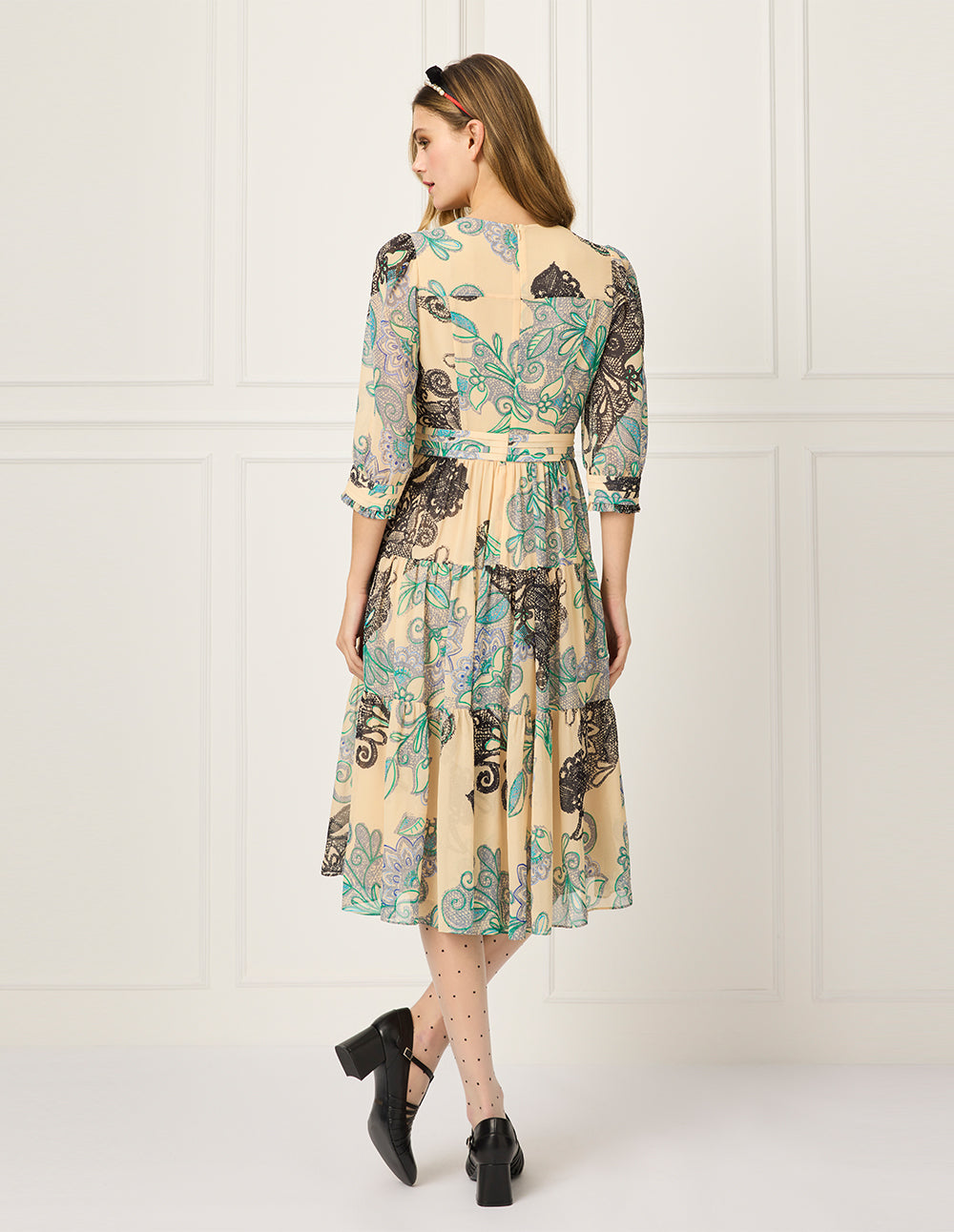 BORA AKSU V-Neck Puff Sleeve Floral Lace Print Pleated Midi Wrap Dress