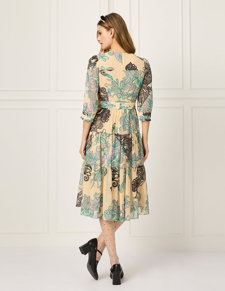 BORA AKSU V-Neck Puff Sleeve Floral Lace Print Pleated Midi Wrap Dress