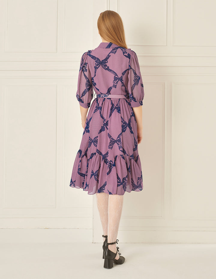 BORA AKSU Retro Puff Sleeve Ruffle Skirt Printed Dress