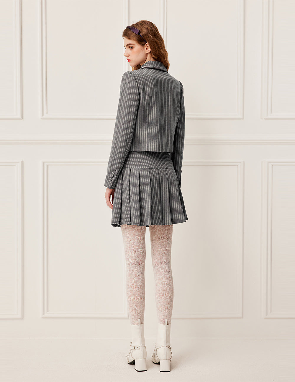 BORA AKSU A-Line High Waist Velvet Pleated Stripe Mini Skirt