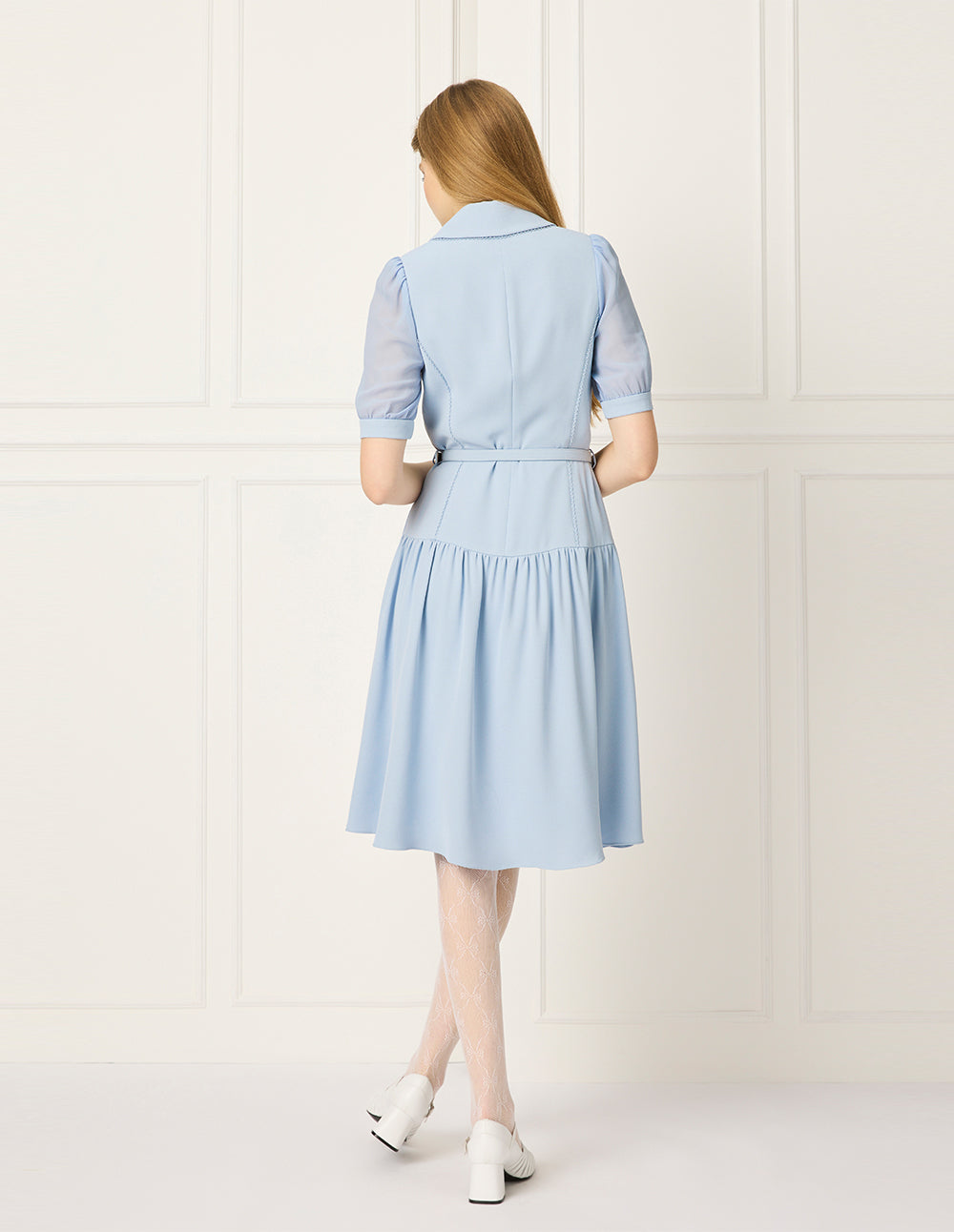 BORA AKSU Peaked Lapel Puff Short-Sleeve Single-Breasted Belted Pleated Midi Dress