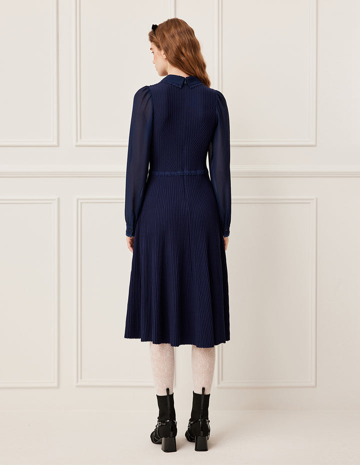 BORA AKSU Collared Patchwork Navy Blue Knit Bubble Sleeve Midi Dress
