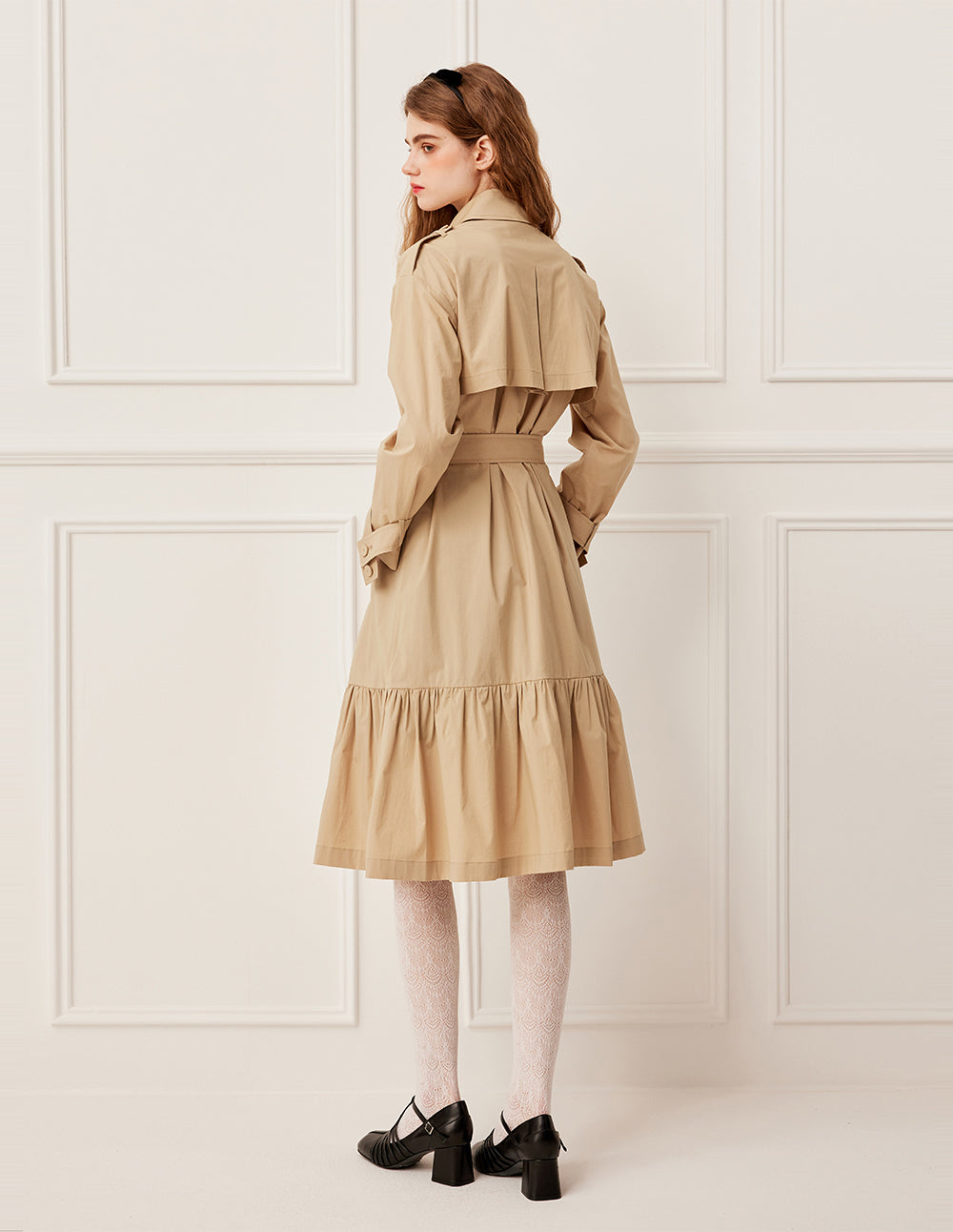 BORA AKSU Asymmetric Cut-Out Embroidered Long Sleeve Double-Breasted Belted Pleated Trench Coat