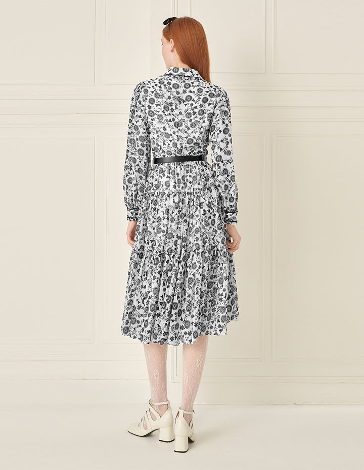 BORA AKSU Retro Lapel Puff Sleeve Printed Belt Dress