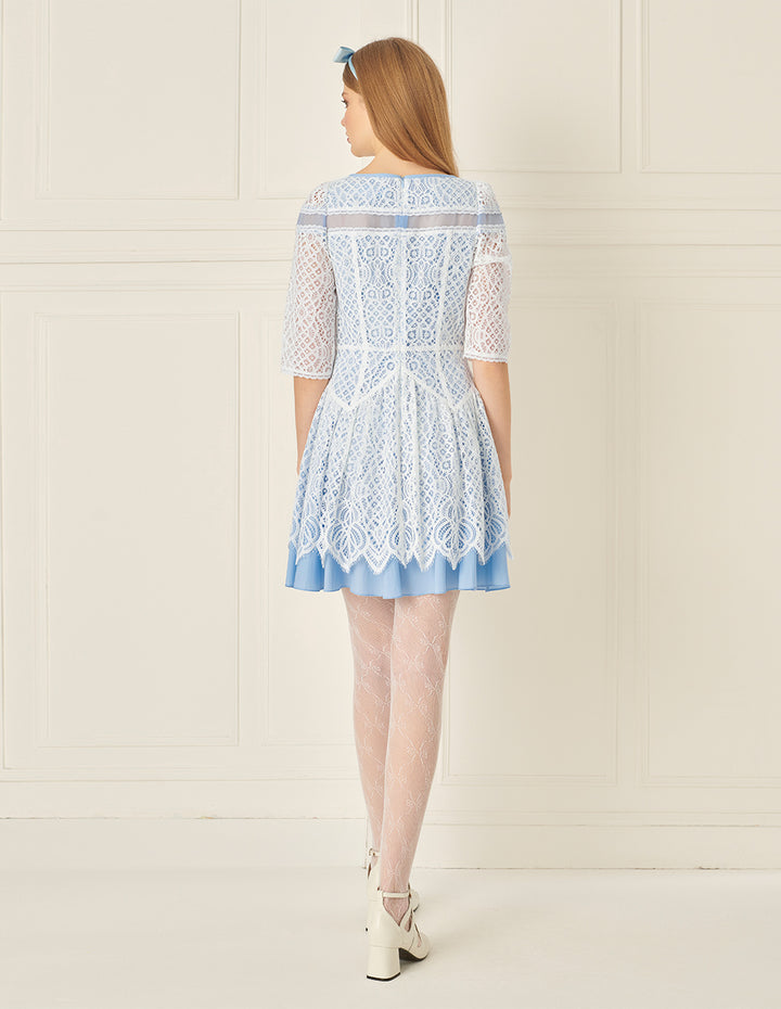BORA AKSU Romantic Blue And White Lace Patchwork Wavy Dress