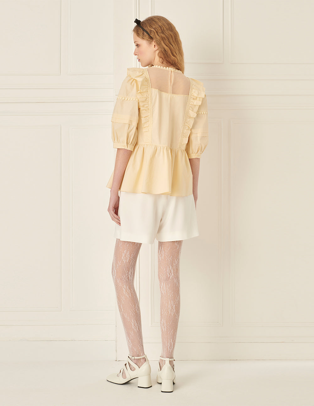 BORA AKSU Puff Sleeve Mesh Collar Patchwork Top