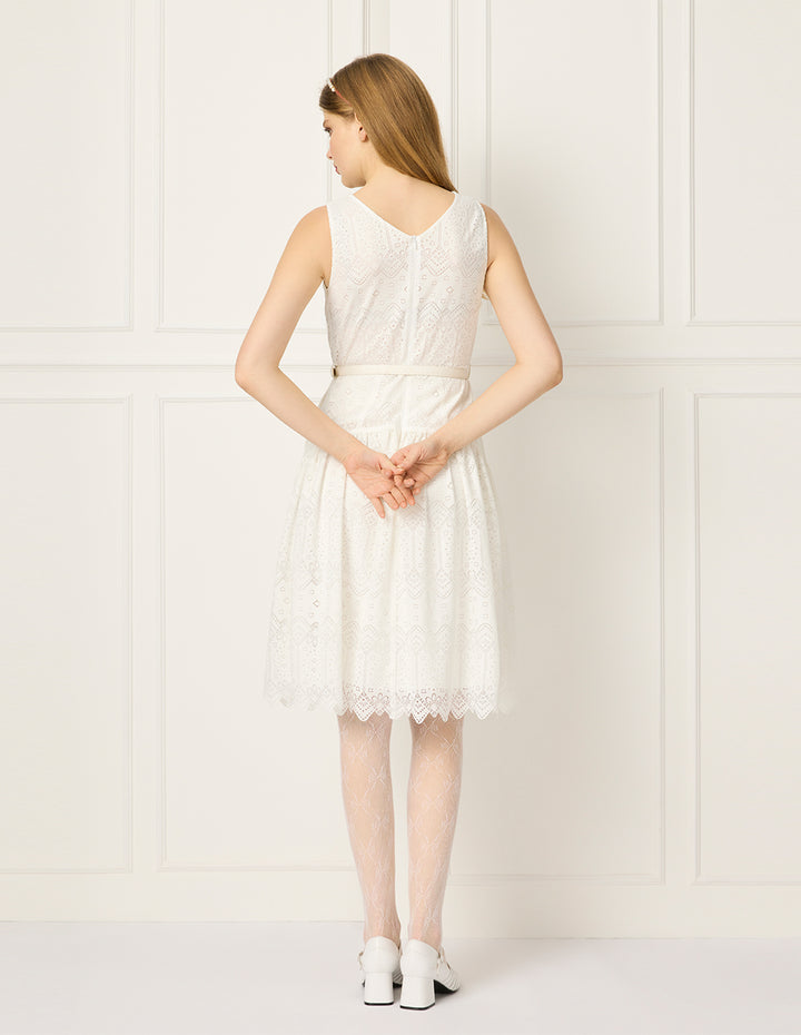 BORA AKSU V-Neck Sleeveless A-Line Embroidery Hollow Flowers Midi Dress