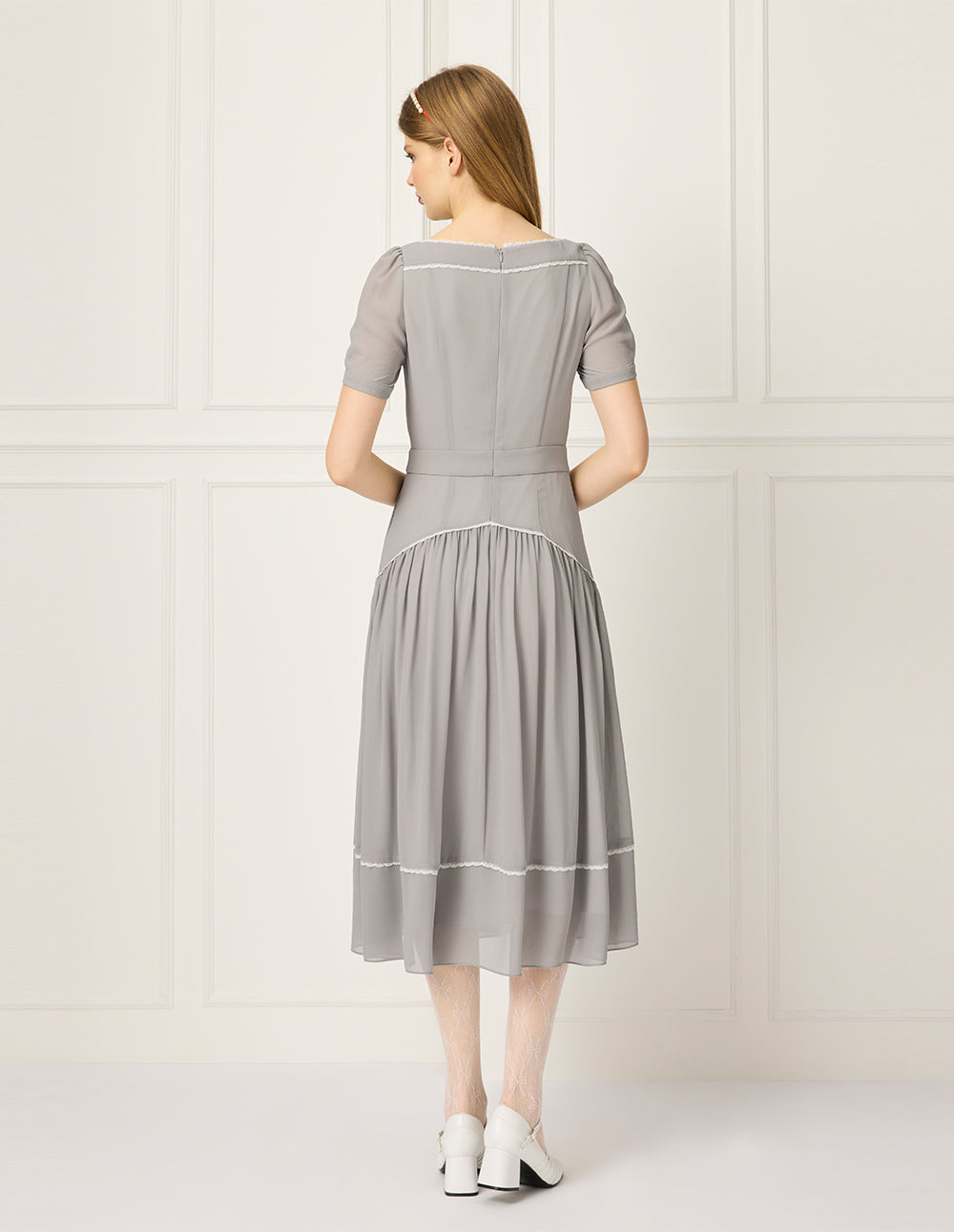 BORA AKSU Diamond-Neck Puff Short Sleeve Empire-Waist Lace-Trim Pleated Dress