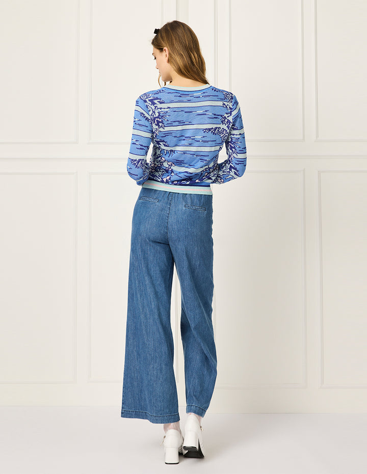 BORA AKSU V-Neck Long-Sleeves Floral Print Linen Blend Knit Cardigan