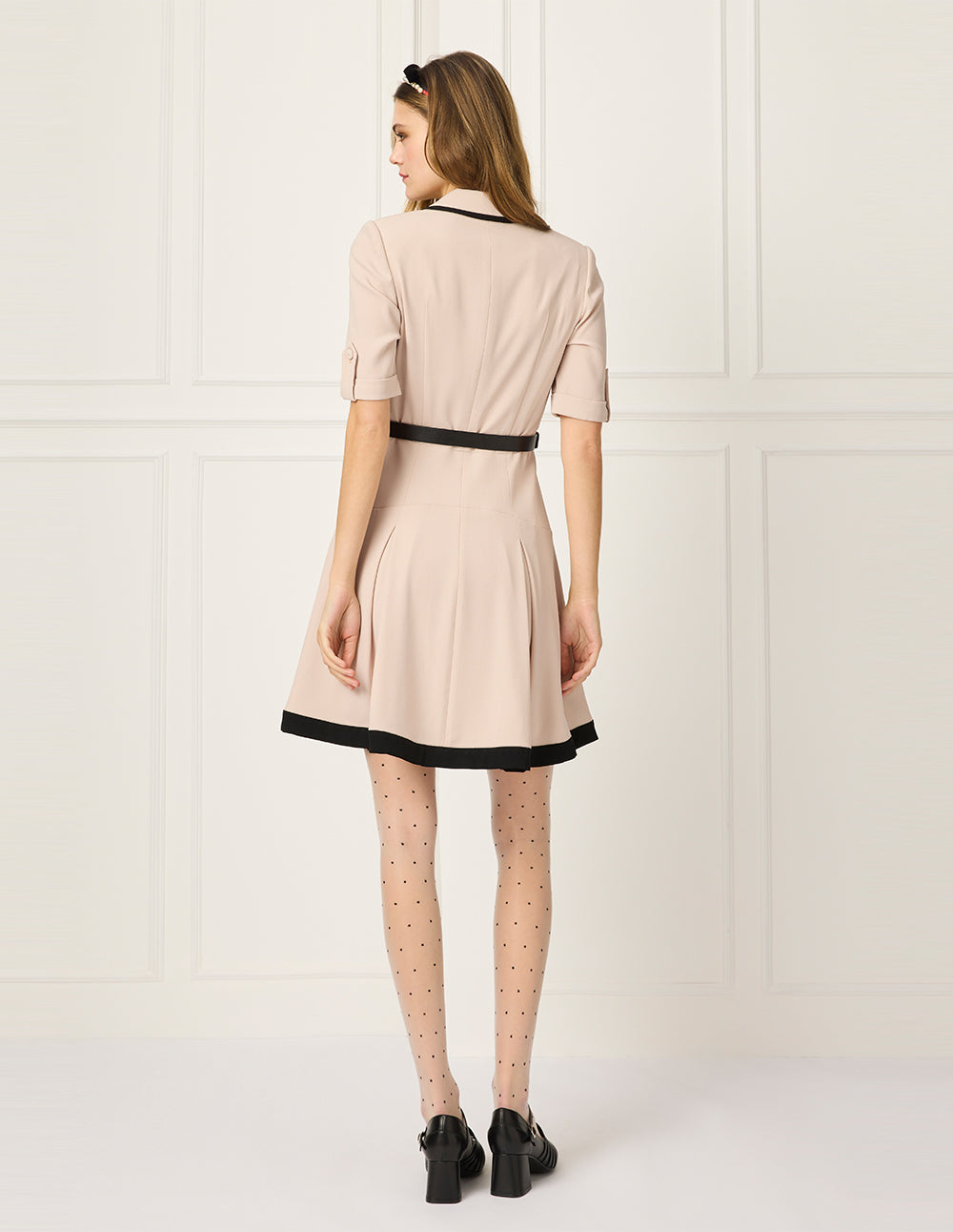 BORA AKSU Notched Lapel Single-Breasted Short-Sleeve Black Stripe-Trim Waist-Tie Midi Wrap Dress