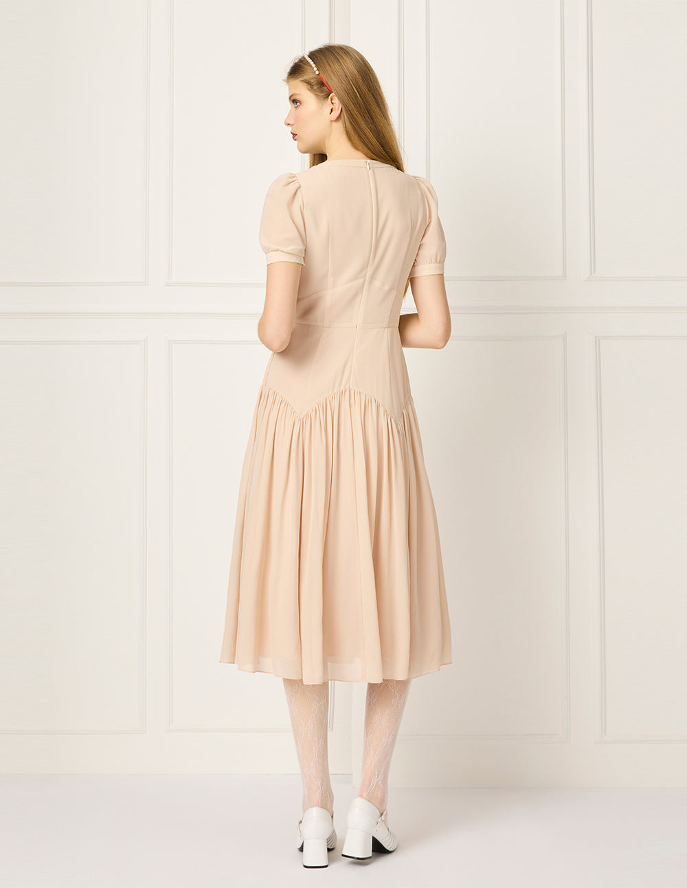 BORA AKSU Round-Neck Puff Short-Sleeve Pin-Tuck Empire-Waist Pleated Tulle Midi Dress