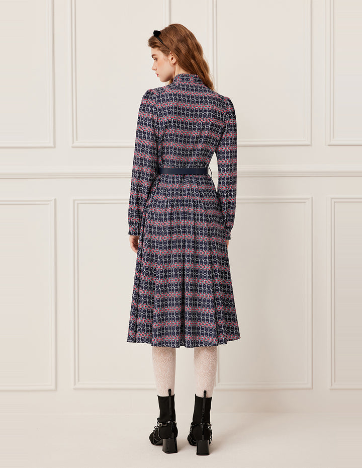 BORA AKSU Stand Collar Long Sleeve Geometric Print Midi Dress