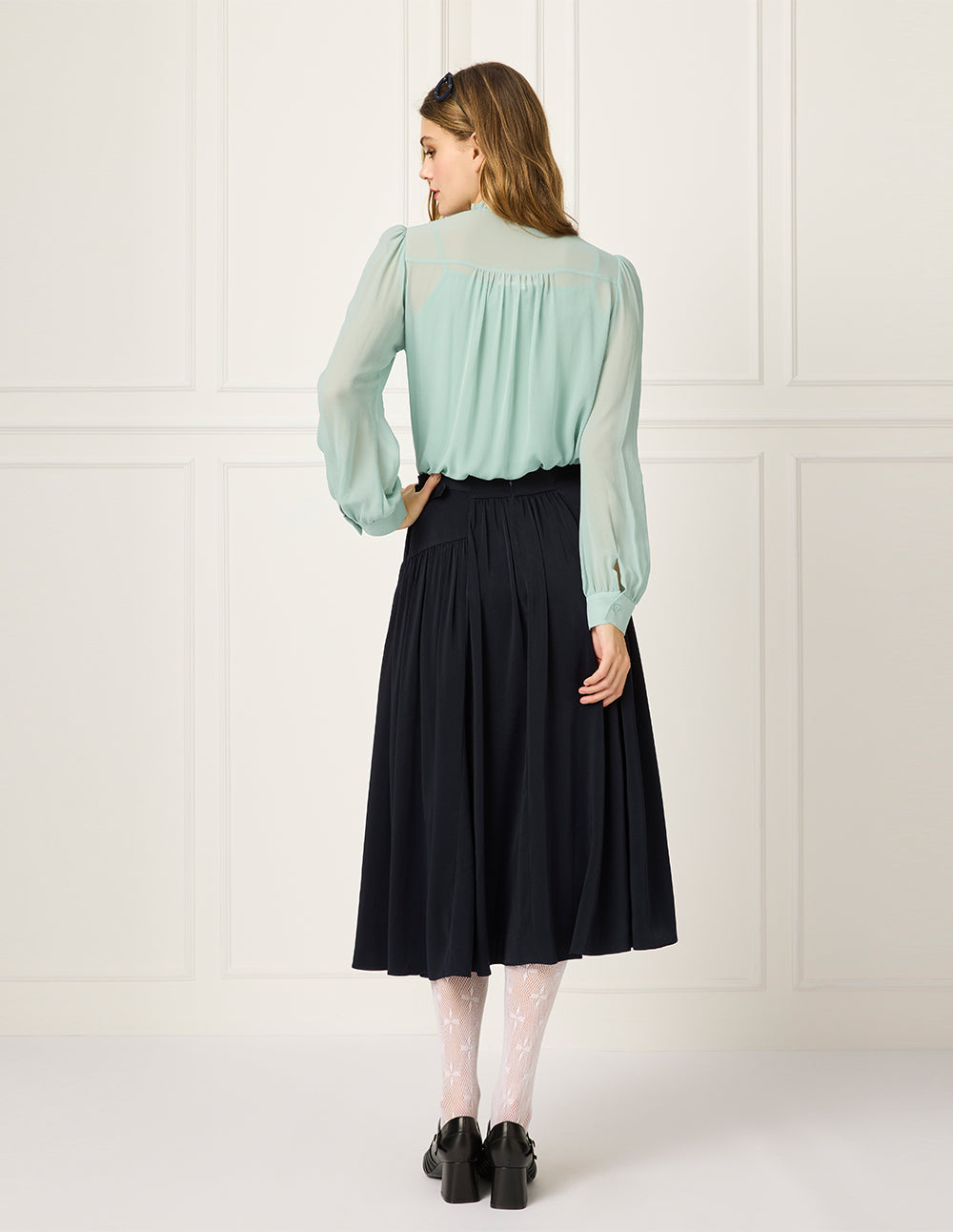 BORA AKSU Round Ruffle Tuxedo Collar Puff Long Sleeve Silk Blend Blouse