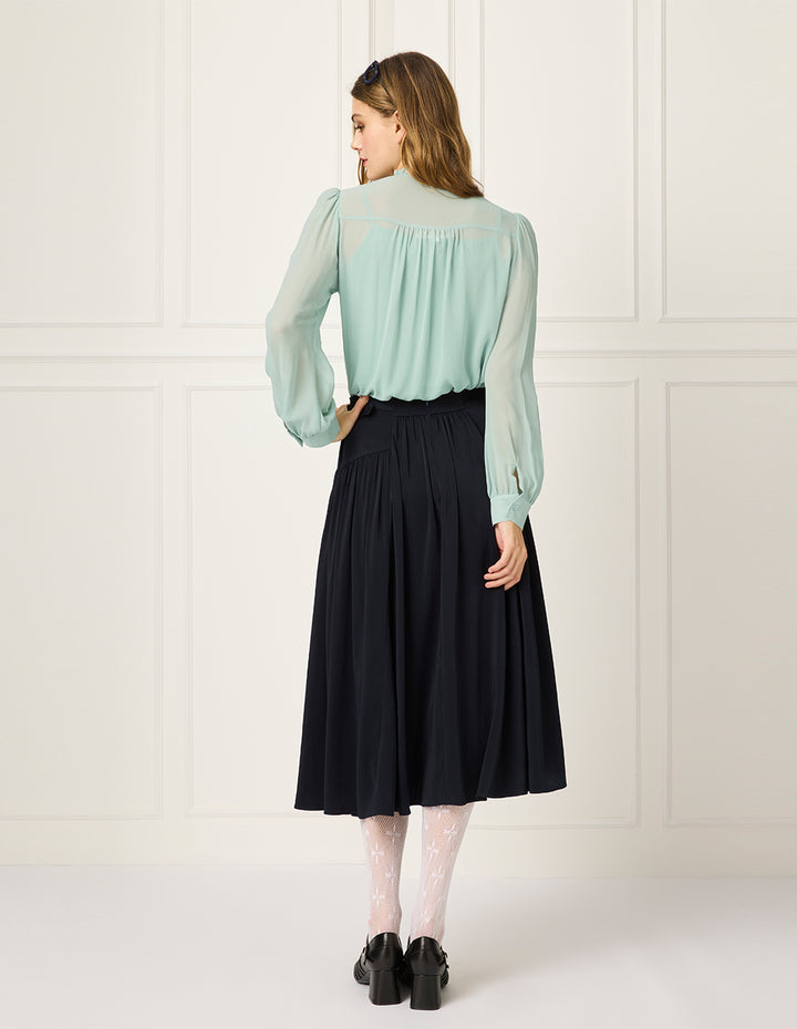 BORA AKSU Round Ruffle Tuxedo Collar Puff Long Sleeve Silk Blend Blouse