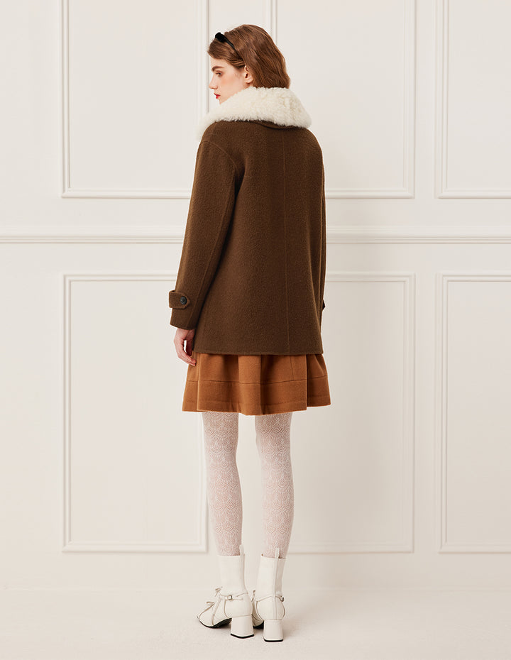 BORA AKSU Faux Fur Collar Double-Breasted Mocha Brown Wool Coat