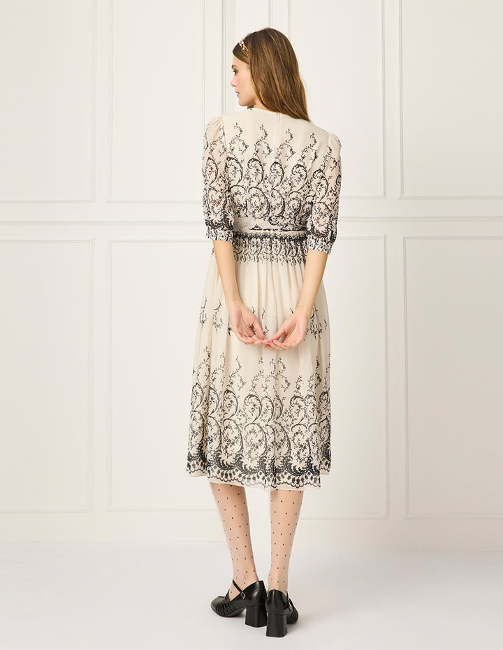 BORA AKSU V-Neck Puff Sleeve Short Sleeve Curly Grass Print Wrap Midi Dress