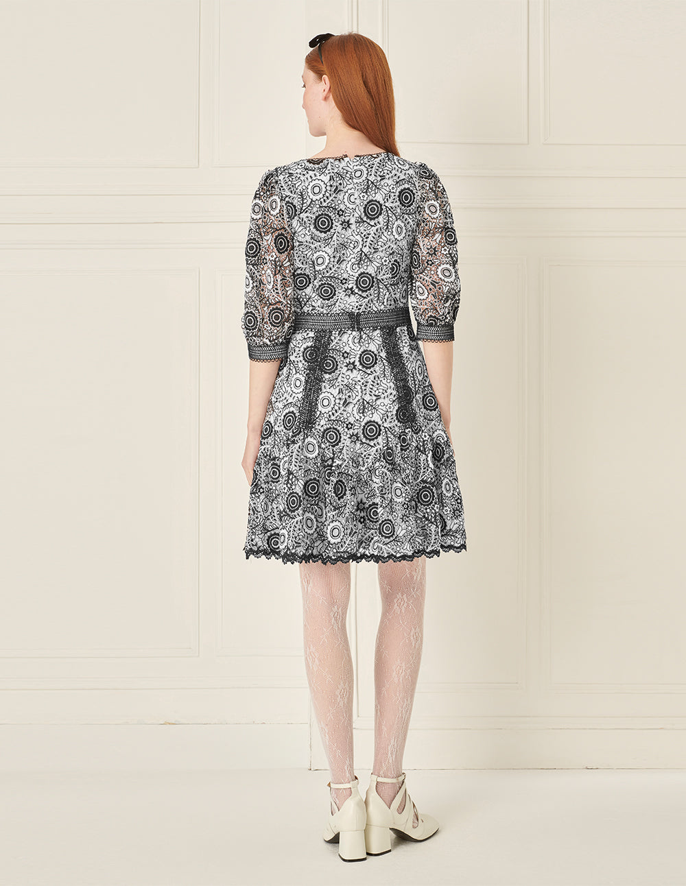 BORA AKSU Retro Puff Sleeve Diamond Collar Black And White Lace Dress