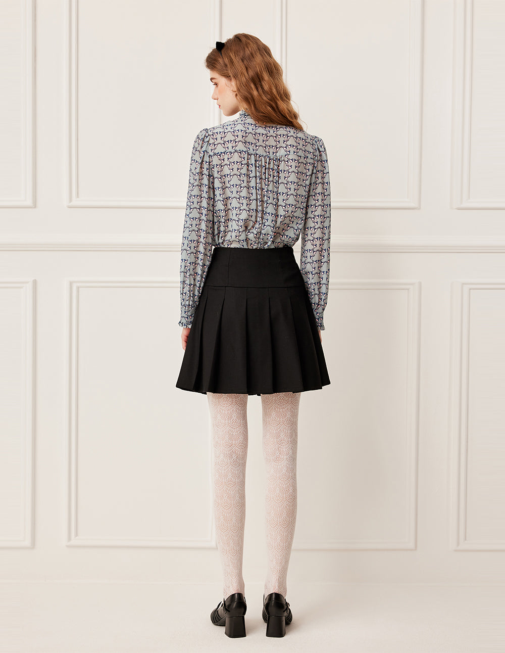 BORA AKSU Ruffled Stand Collar Long Sleeve Pin Tuck Floral Print Silk Blouse