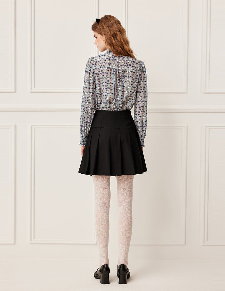 BORA AKSU Ruffled Stand Collar Long Sleeve Pin Tuck Floral Print Silk Blouse