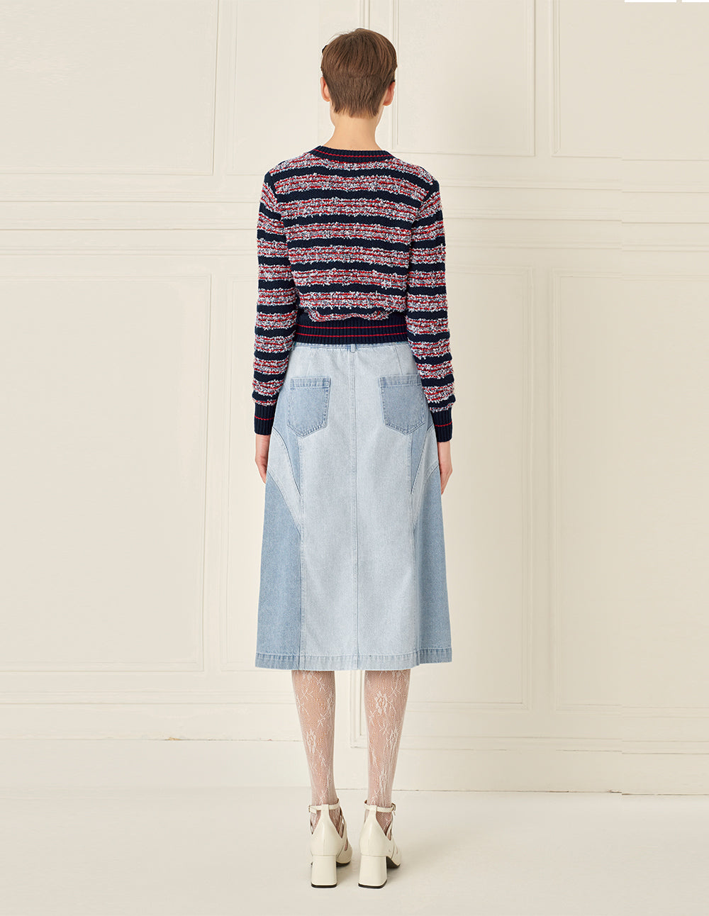 BORA AKSU Versatile Washed Blue Colour Block Slit Denim Skirt