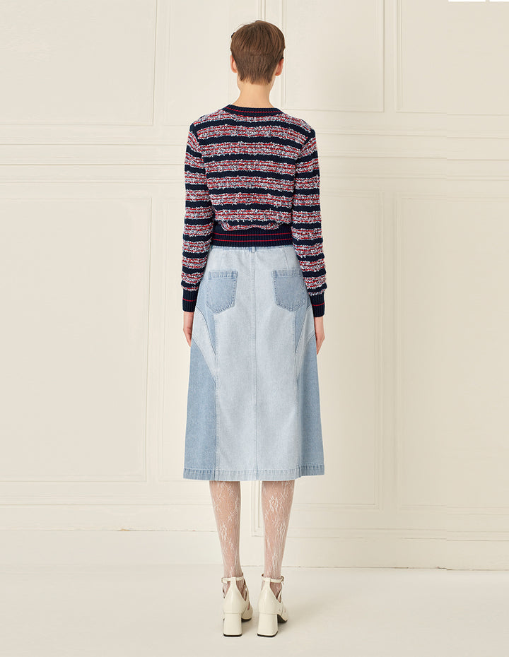 BORA AKSU Versatile Washed Blue Colour Block Slit Denim Skirt