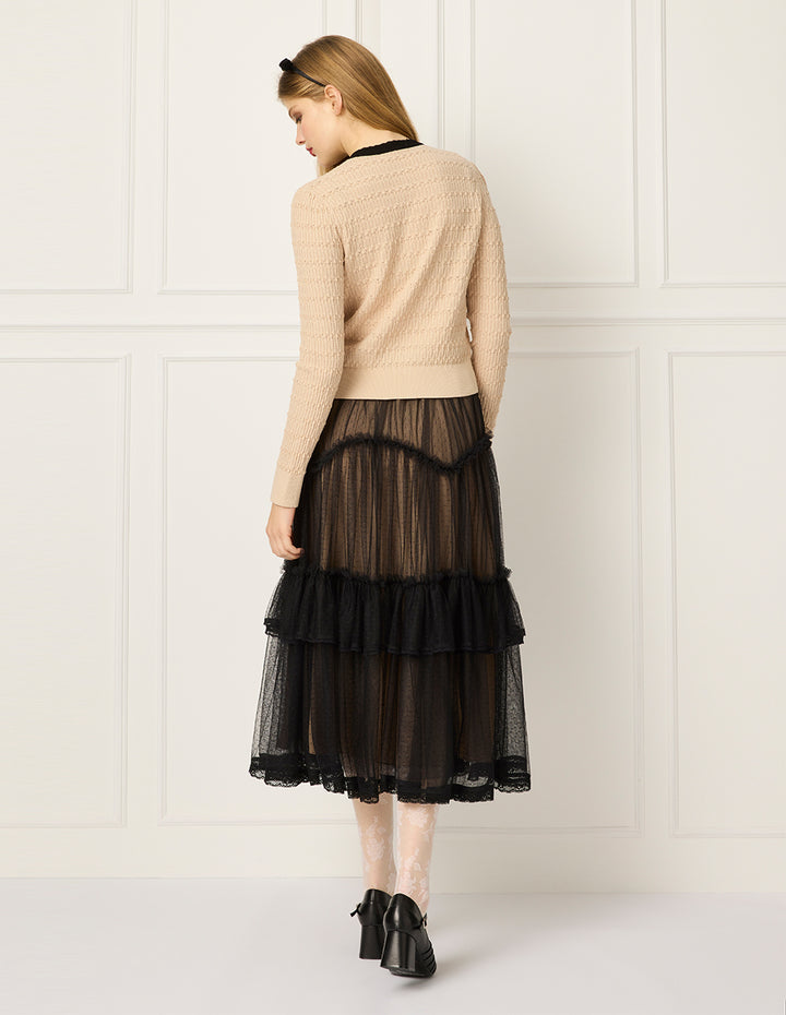 BORA AKSU Round Neck Lotus Edge Black Stripe Knit Sweater