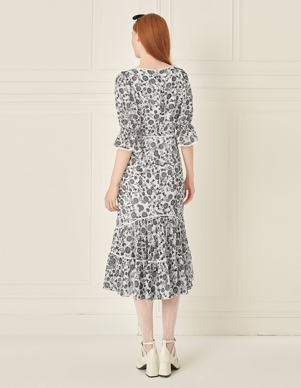 BORA AKSU Retro Square Neck Puff Sleeve Ruffle Print Dress