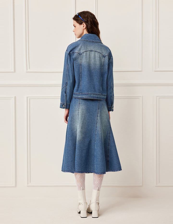BORA AKSU A-Line Bell-Bottom Denim Skirt with Ruffle Details