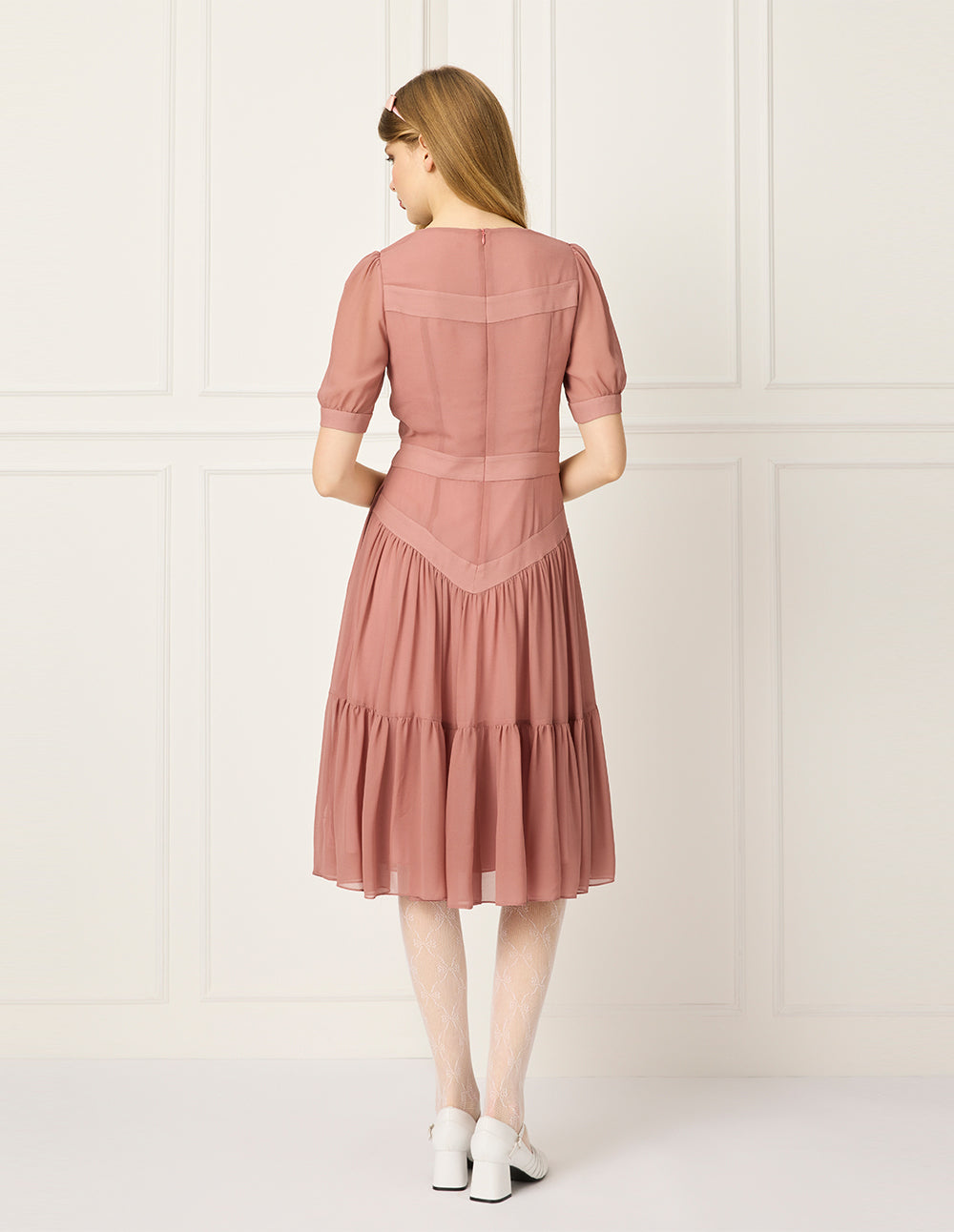 BORA AKSU Diamond Collar Bubble Short Sleeve Bowknot Flounce Midi Dress