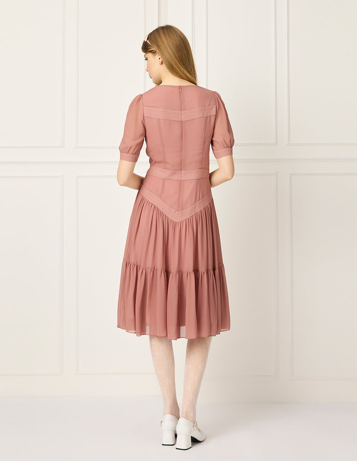 BORA AKSU Diamond Collar Bubble Short Sleeve Bowknot Flounce Midi Dress