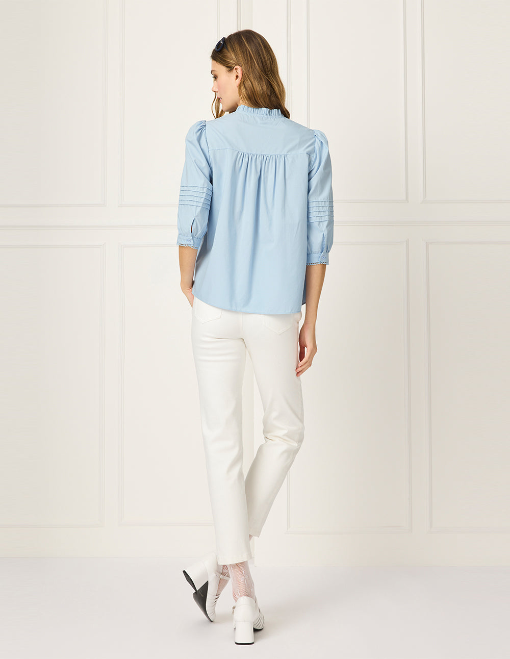 BORA AKSU Ruffled Stand-Collar Puff-Sleeved Pin Tuck Blouse