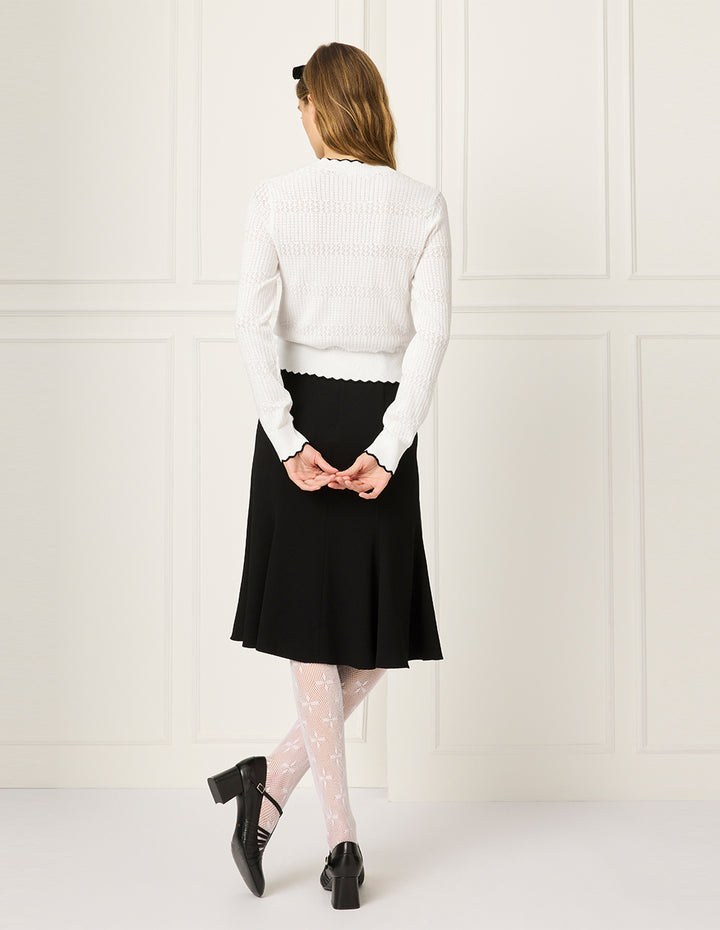 BORA AKSU V-Neck Long-Sleeve Black Ruffle-Trimmed Pointelle Knitted Cardigan