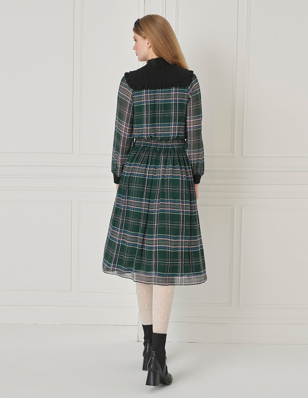 BORA AKSU Ruffled Stand-Up Collar Plaid Puff Long-Sleeve Knitted Splicing Dress