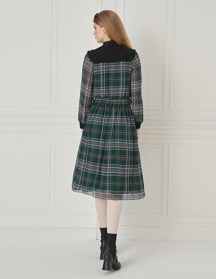 BORA AKSU Ruffled Stand-Up Collar Plaid Puff Long-Sleeve Knitted Splicing Dress
