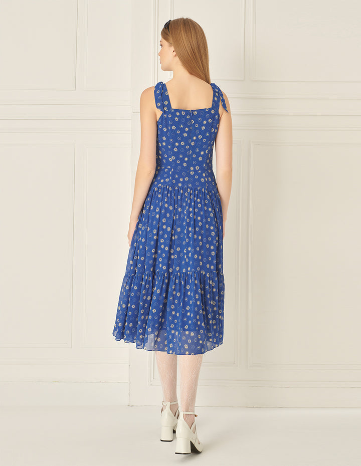 BORA AKSU Bow-Embellished Suspender Pleated Printed Dress