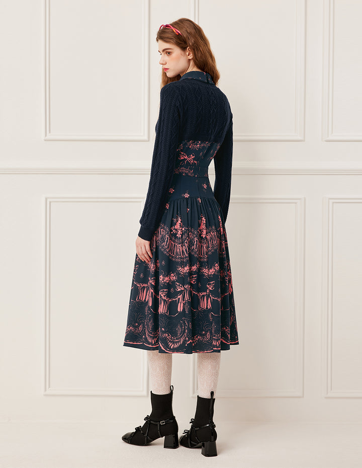 BORA AKSU Notched Collar Wool Knit Patchwork Printed Midi Dress