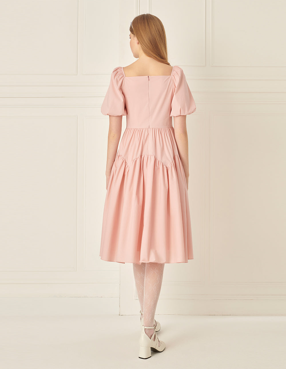 BORA AKSU Diamond Collar Pleated Short Sleeves Dress