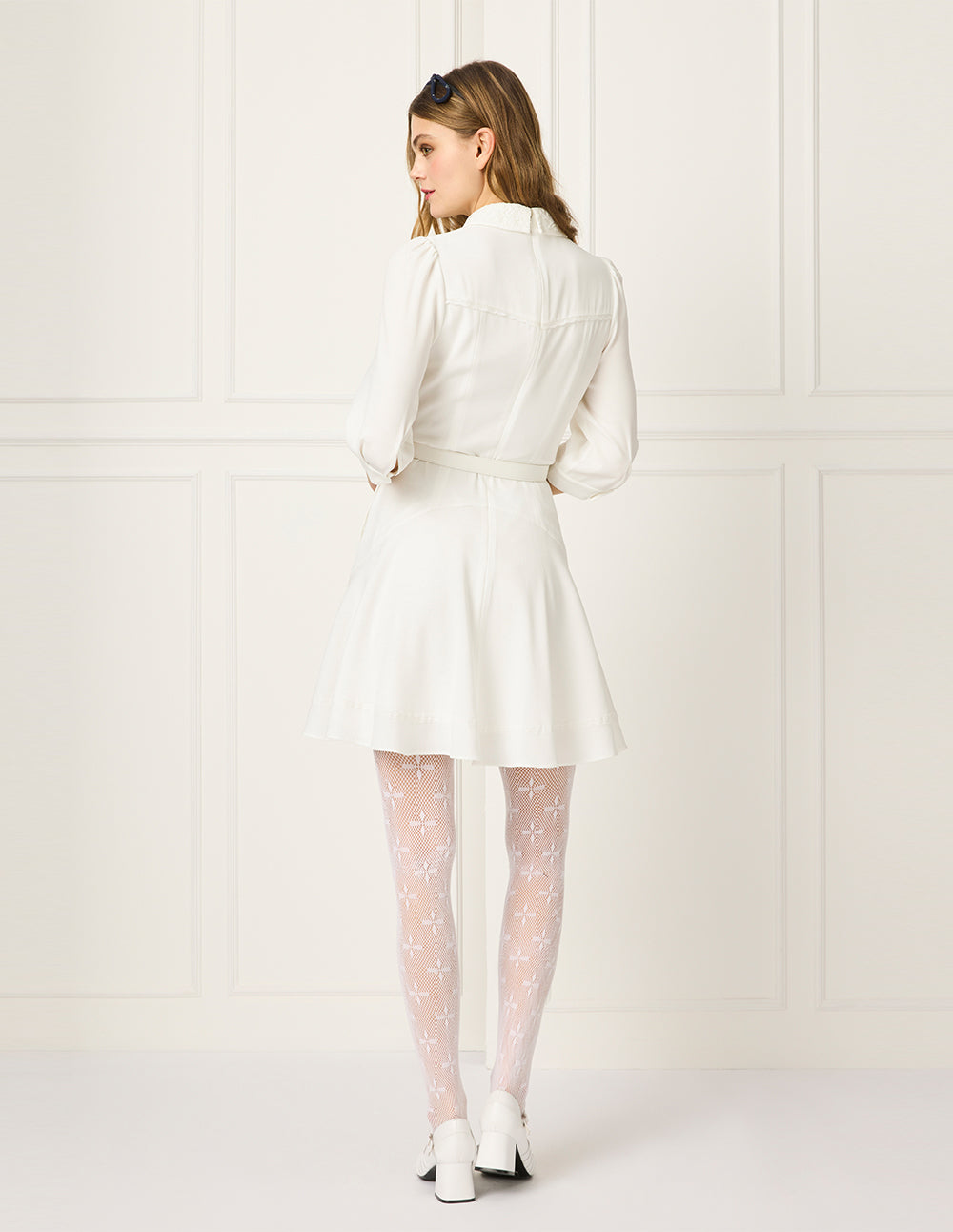 BORA AKSU Peter Pan Collar Puff Sleeve Waist-Tie Pleated Midi White Dress