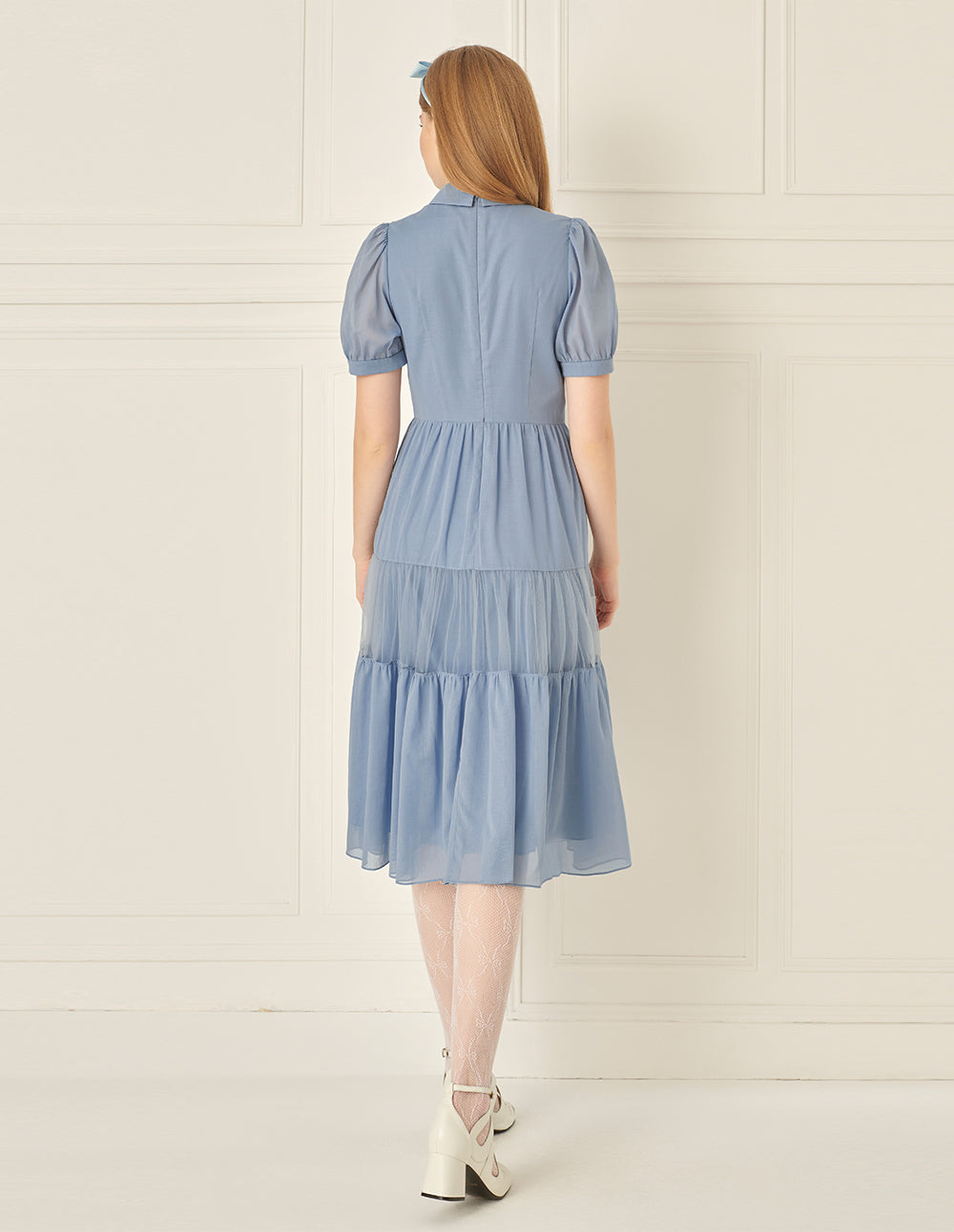 BORA AKSU Puff Sleeve Lapel Pure Cotton Mesh Patchwork Dress