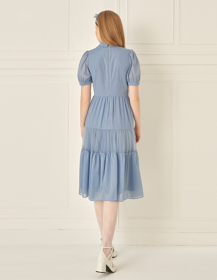 BORA AKSU Puff Sleeve Lapel Pure Cotton Mesh Patchwork Dress