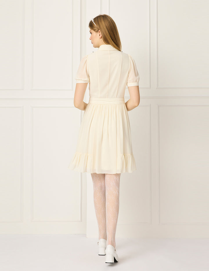 BORA AKSU Turn-Down Collar Puff Short Sleeve Pin-Tuck Black Ruffled-Trimmed Midi Shirt Dress